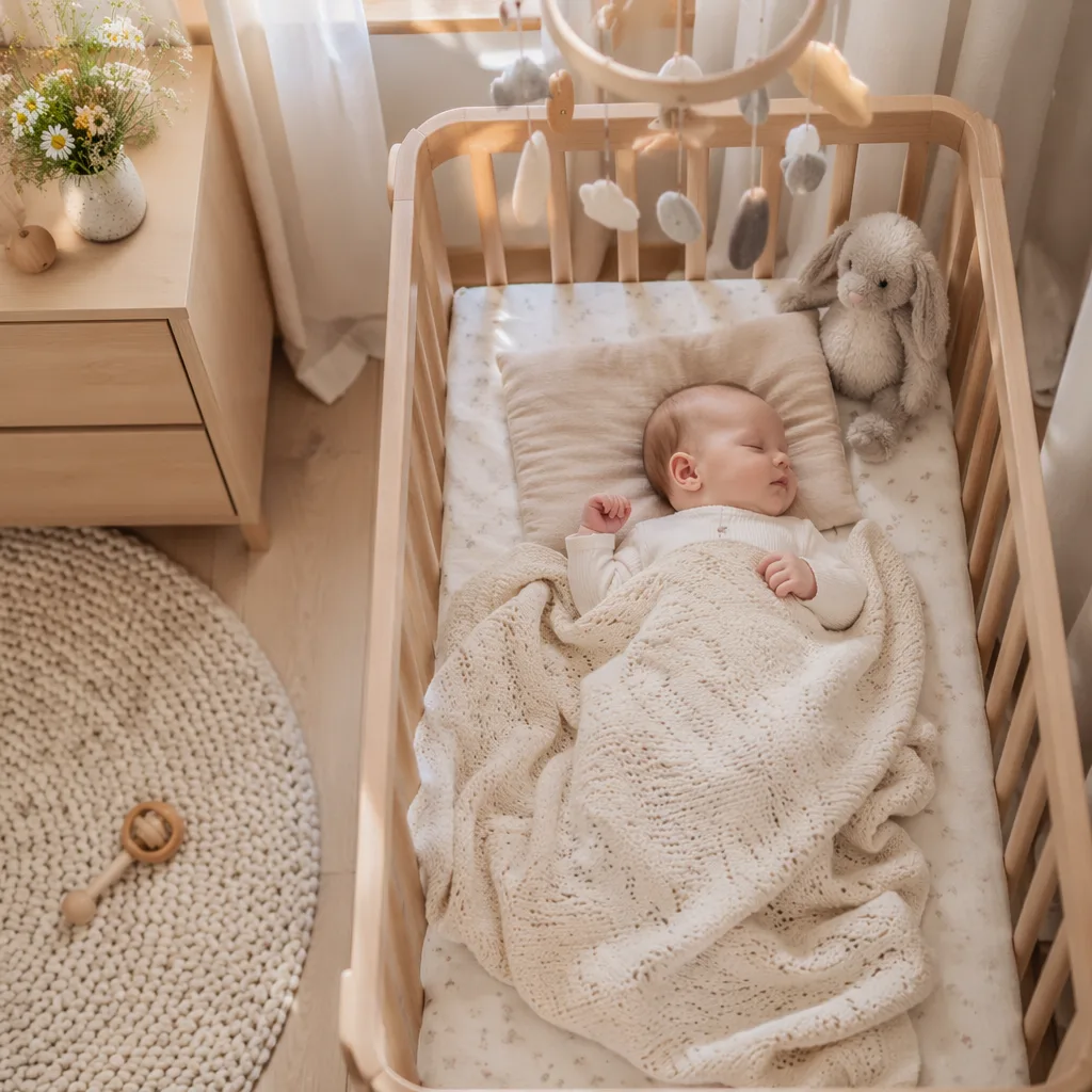 Sleeping baby in a soft Scandinavian nursery with peaceful pastel decor.
