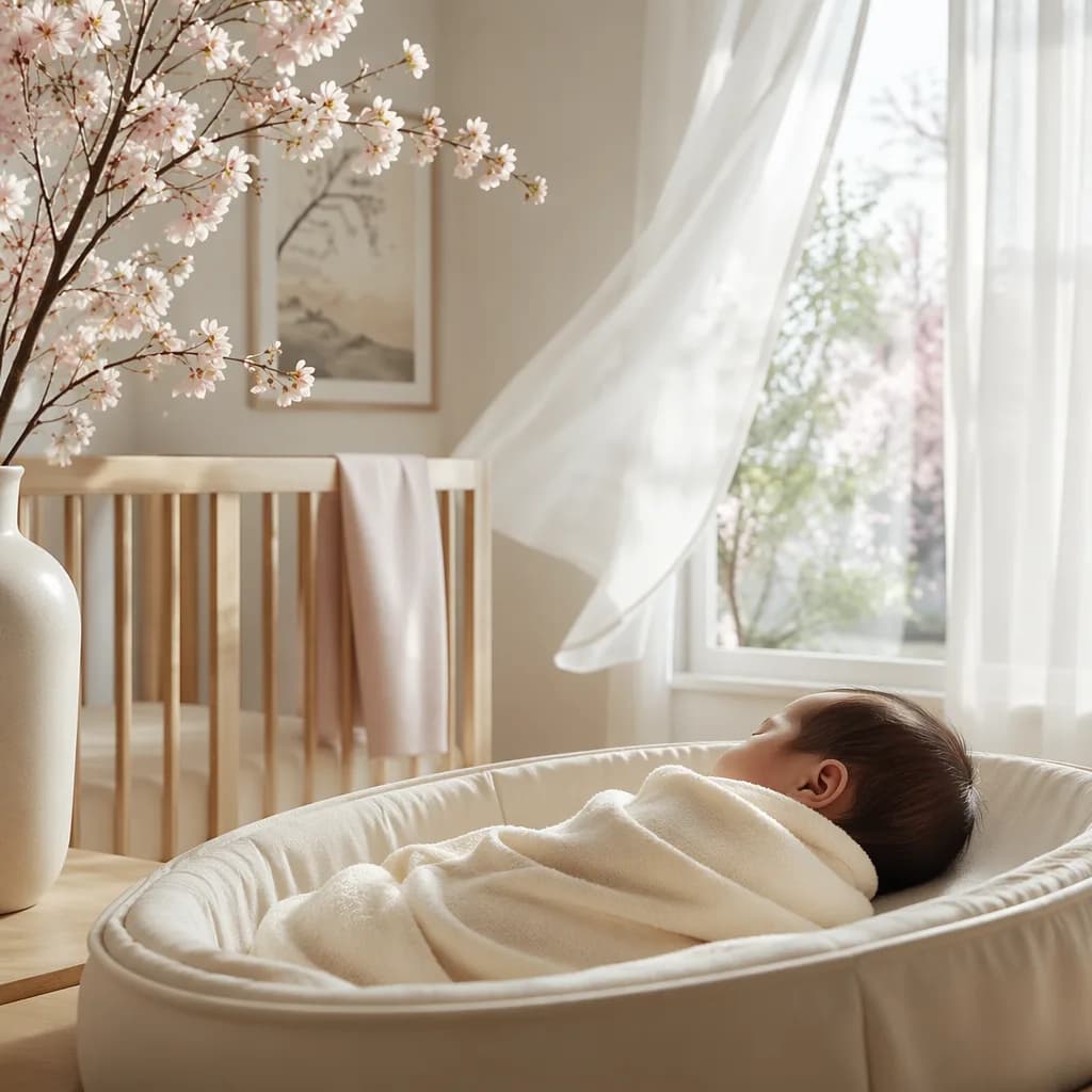 A softly lit nursery with a swaddled sleeping baby, airy curtains, and pastel blossoms.