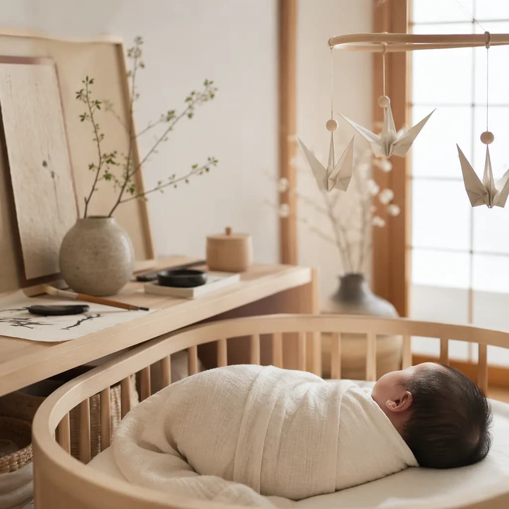 A softly lit Japanese-inspired nursery with a swaddled baby and gentle origami details.