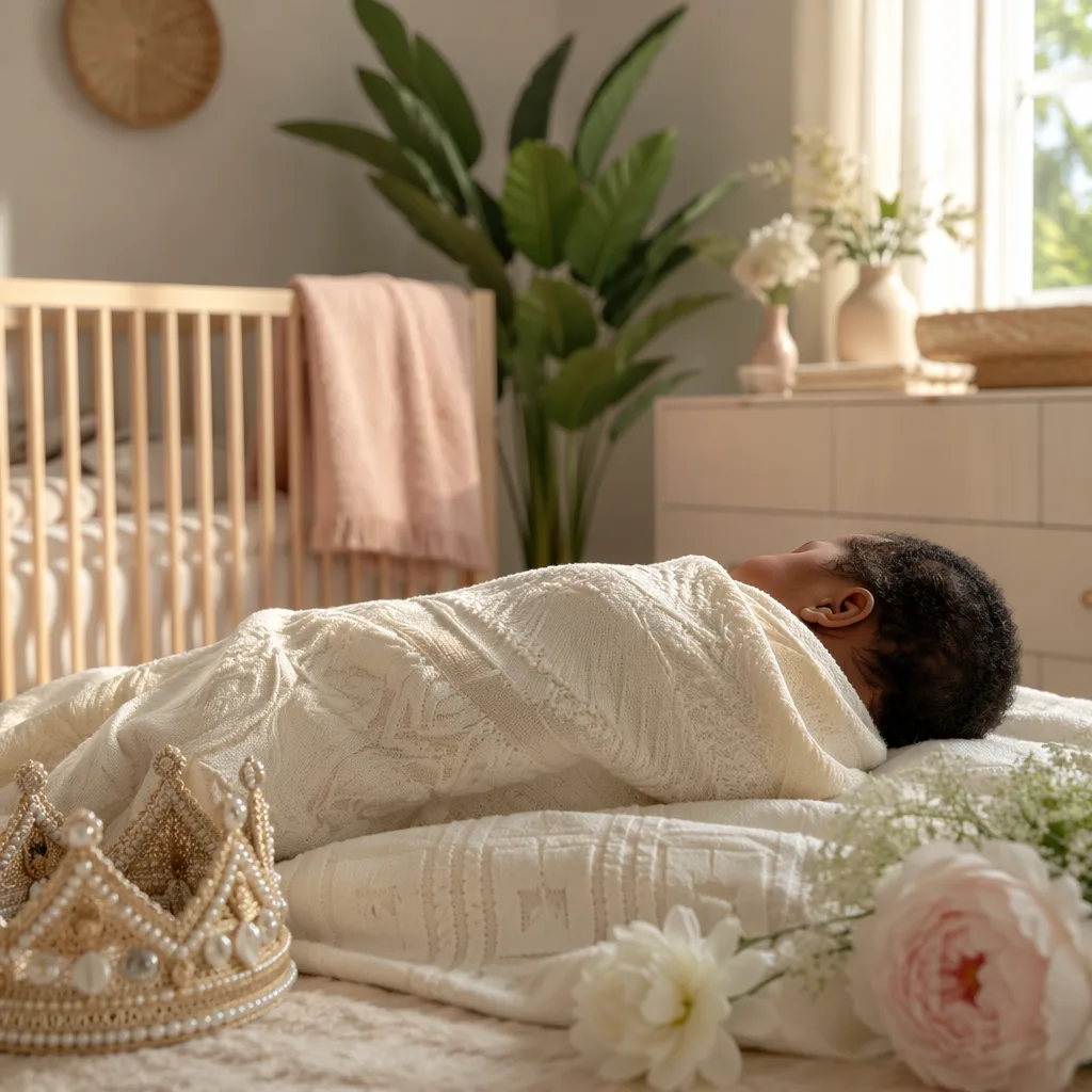 A softly lit Yoruba-inspired nursery with a swaddled sleeping baby and a small symbolic crown.