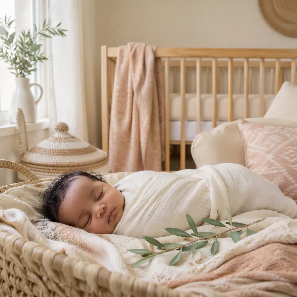 Peaceful pastel nursery with a swaddled baby and warm natural light.