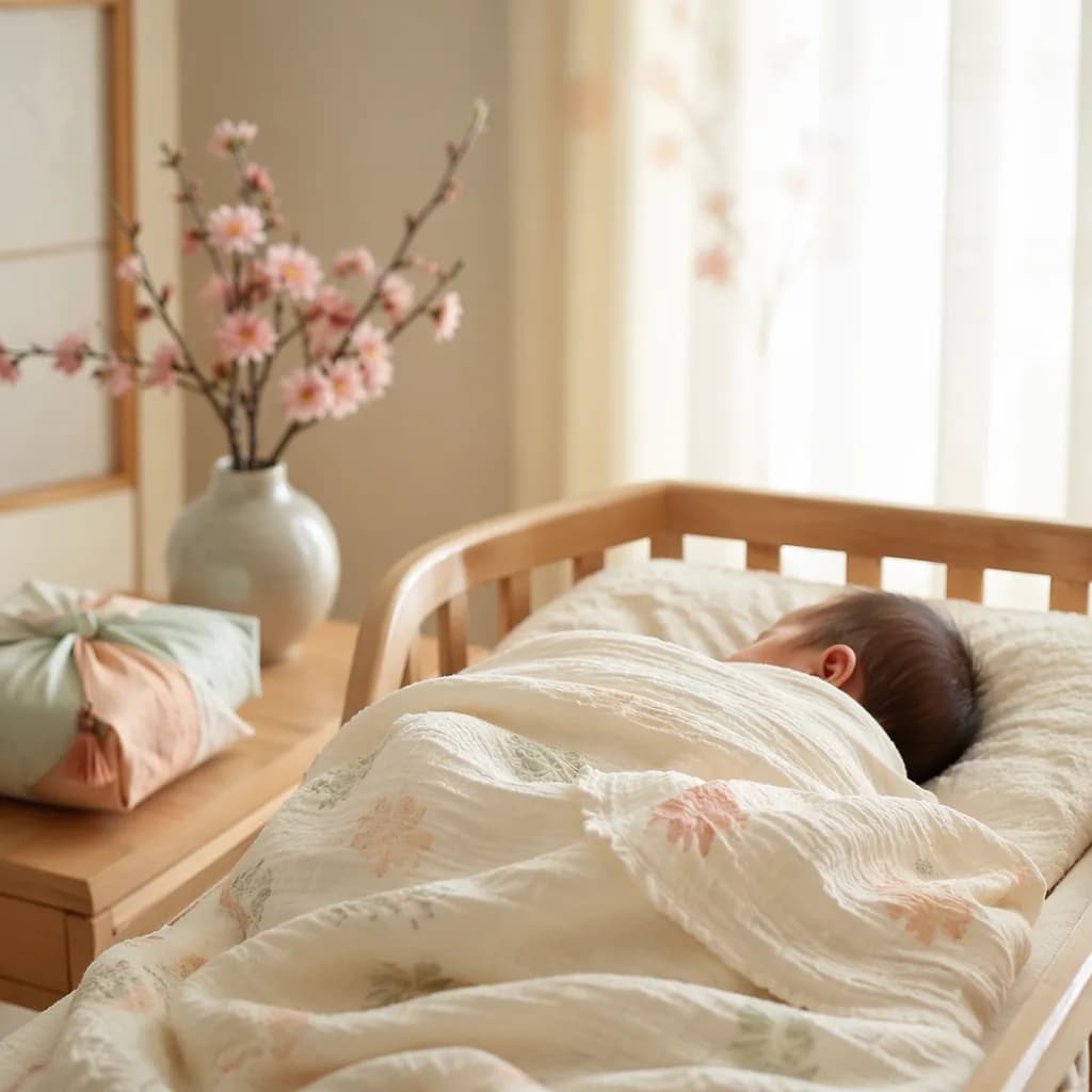 Sleeping Korean newborn in a soft pastel nursery with gentle Korean-inspired details.