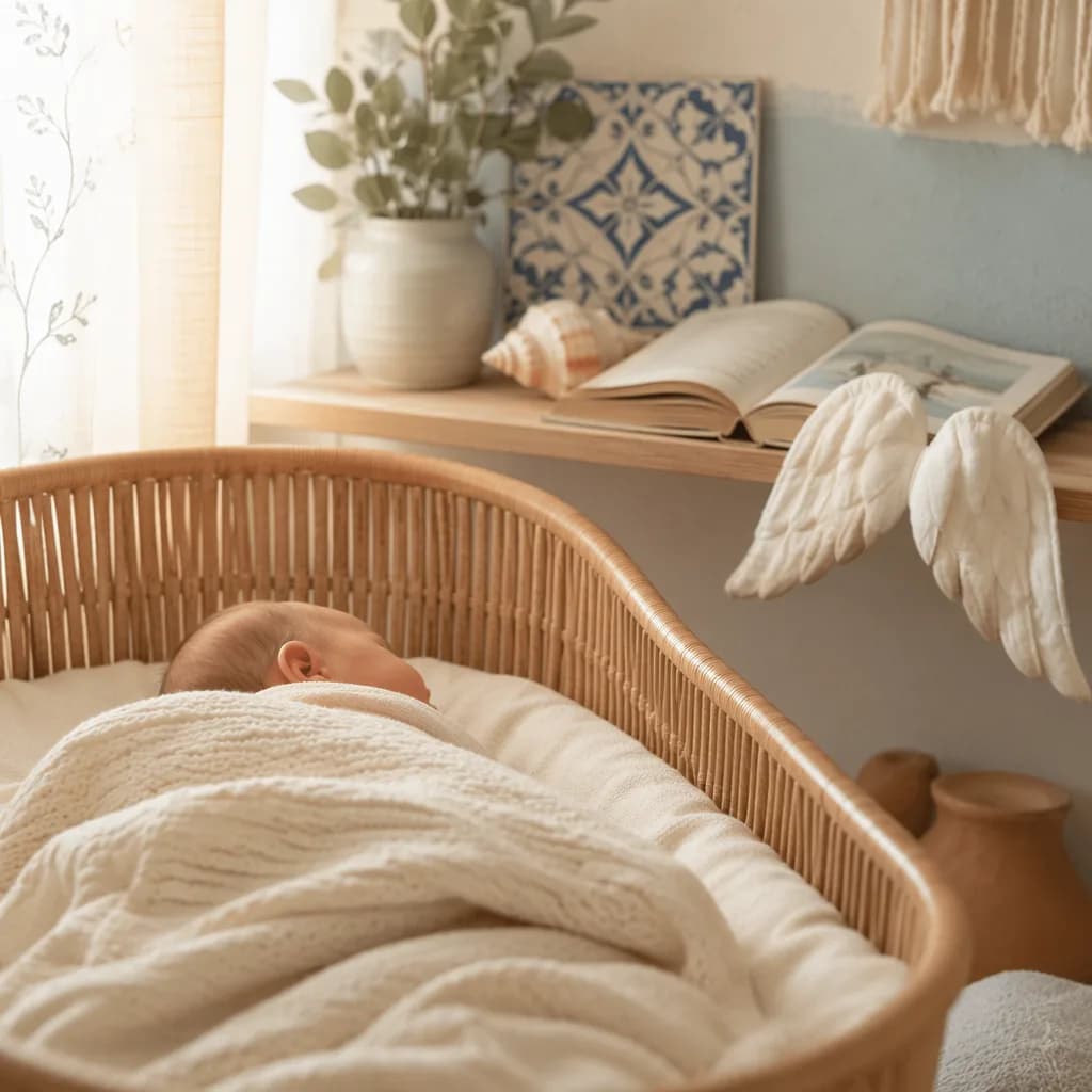 Sleeping Portuguese newborn in a soft pastel nursery with gentle angelic and keepsake details.