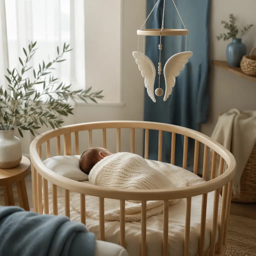 Cozy Italian-inspired nursery with a sleeping baby, olive branch, and soft angel-wing mobile.