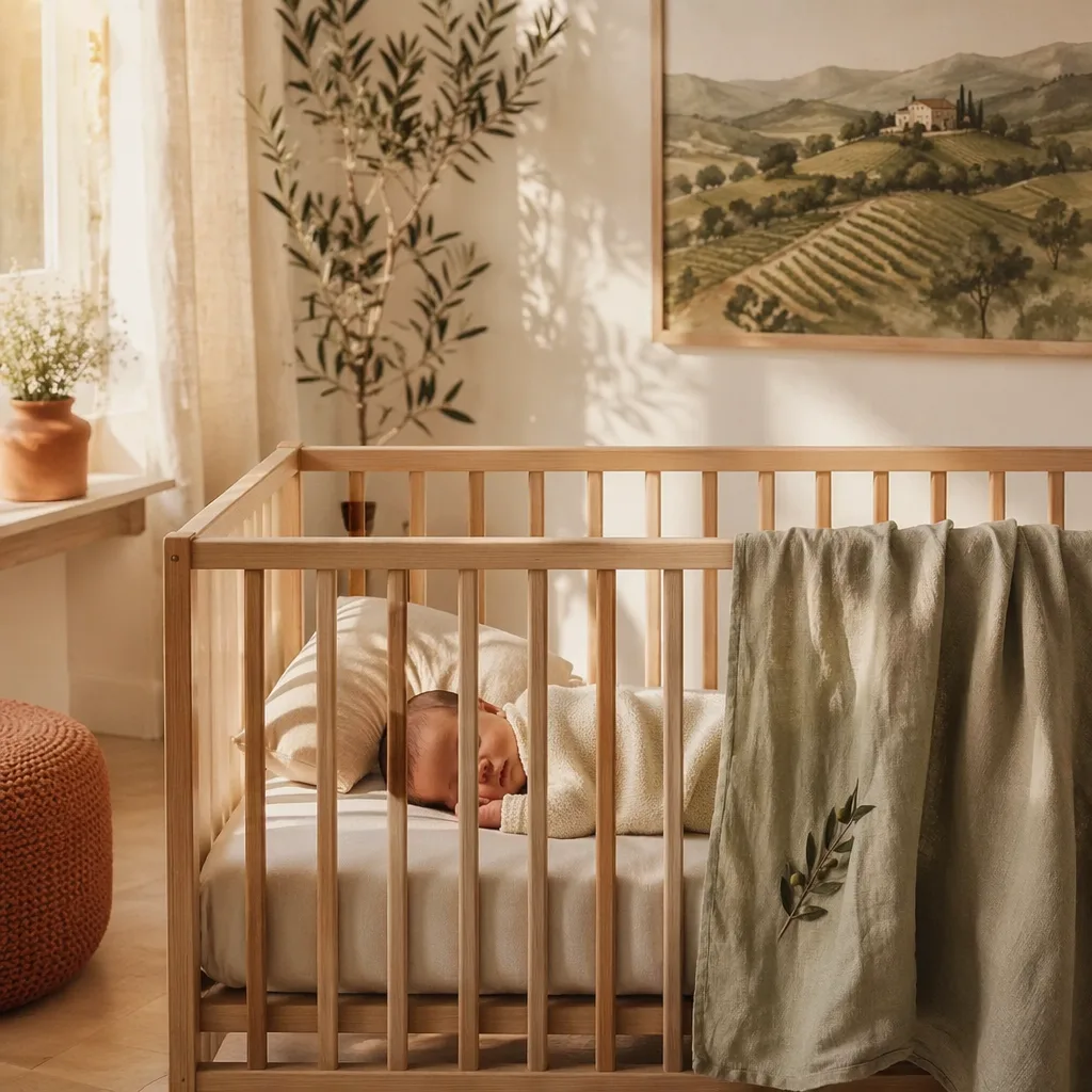 Sleeping baby in a warm pastel Spanish-inspired nursery with soft natural light.