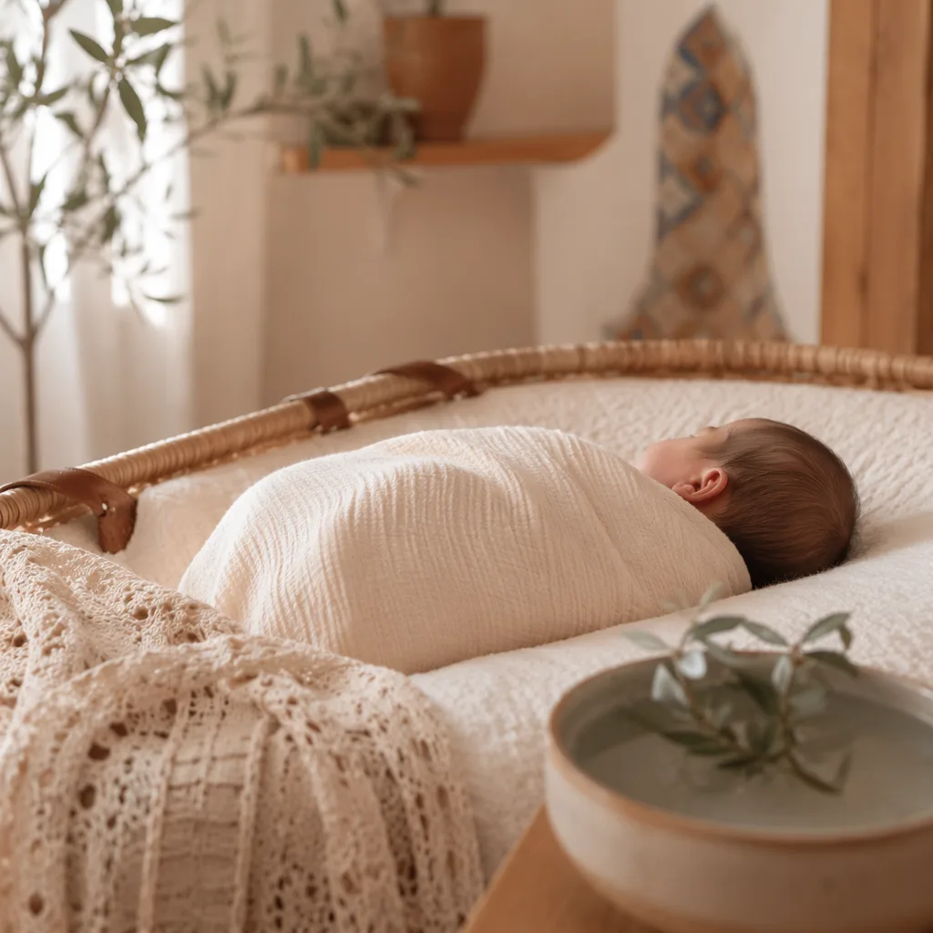 Sleeping newborn in a soft pastel nursery with gentle spring water and greenery.