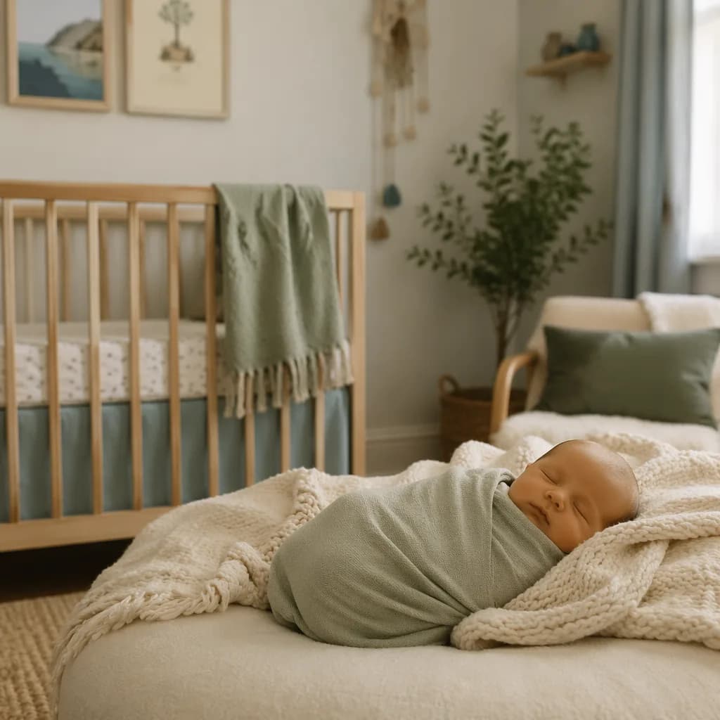 A peaceful pastel nursery with a swaddled sleeping baby and soft natural light.