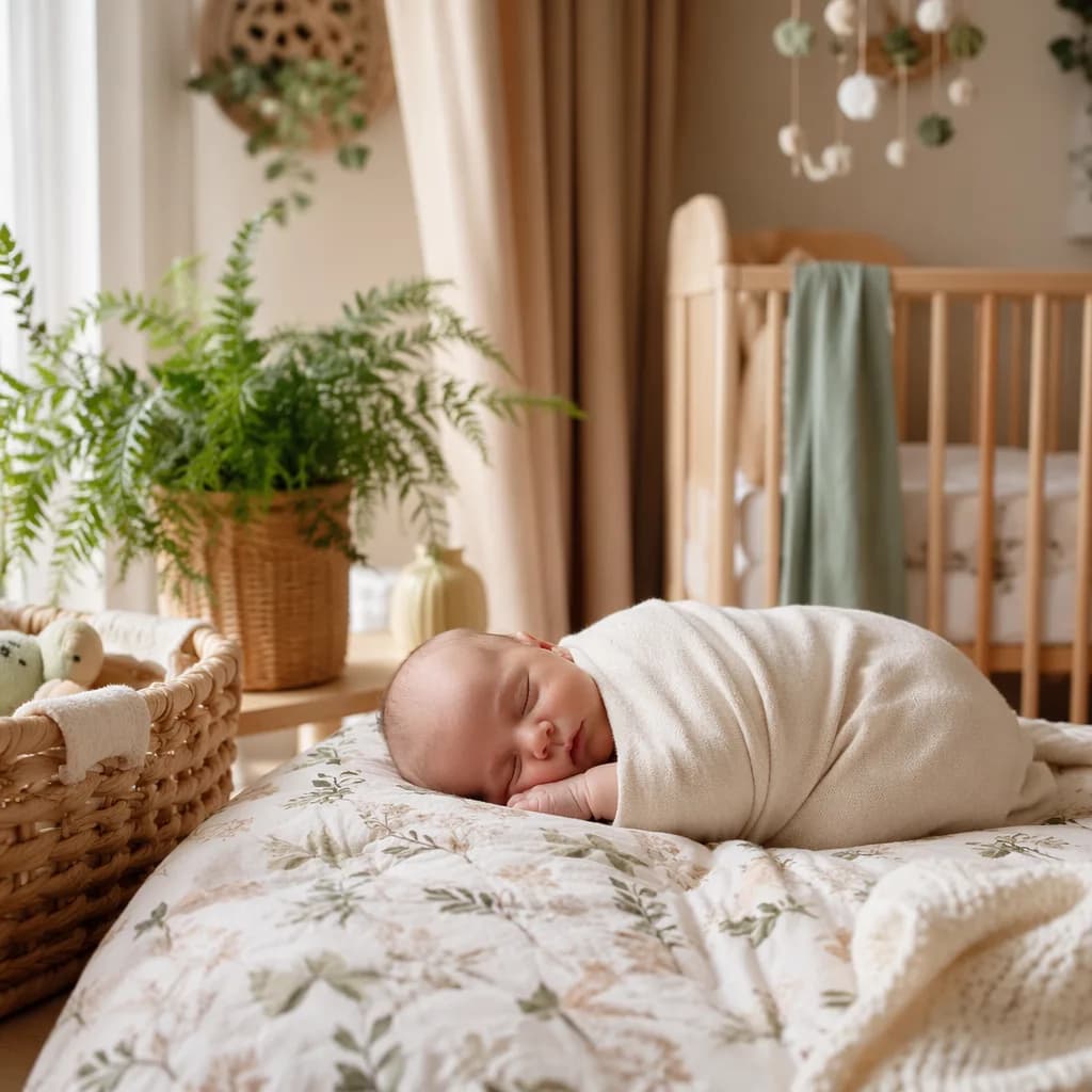 A peacefully sleeping swaddled baby in a soft, earth-toned Polish-inspired nursery.