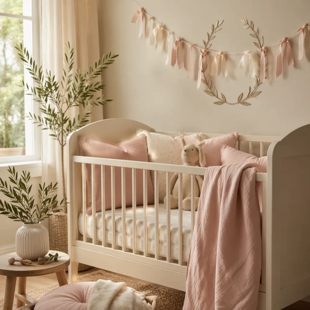 Soft pastel Spanish-inspired nursery with olive branches and a laurel wreath.
