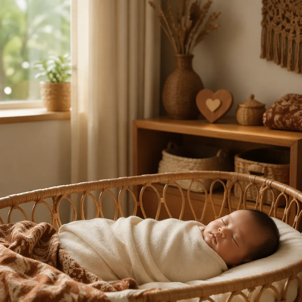 Sleeping baby in a warm Indonesian-inspired nursery with soft woven accents.