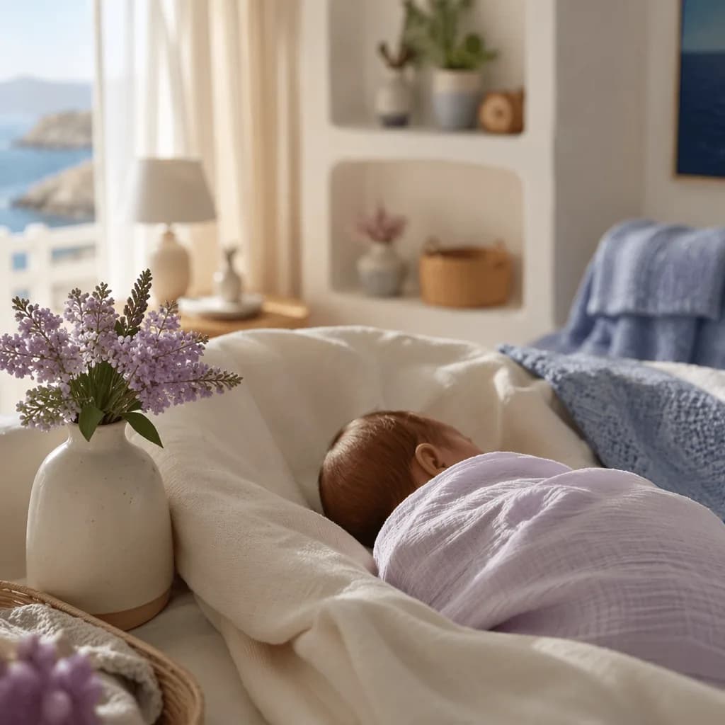 Serene Greek-inspired nursery with a swaddled baby, soft lavender linens, and violet flowers.