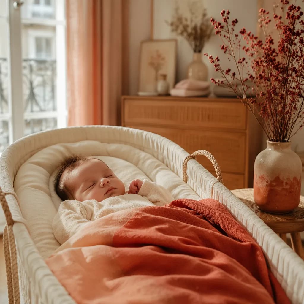 A cozy French nursery with a sleeping baby and soft garance-red accents.