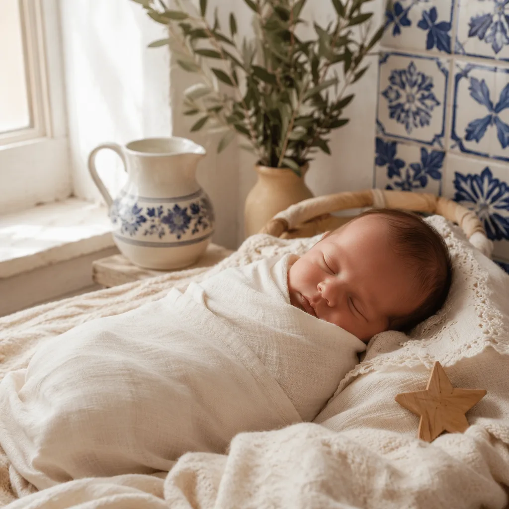 Sleeping baby in a soft Portuguese-inspired nursery with a star, milk pitcher, and pastel decor.
