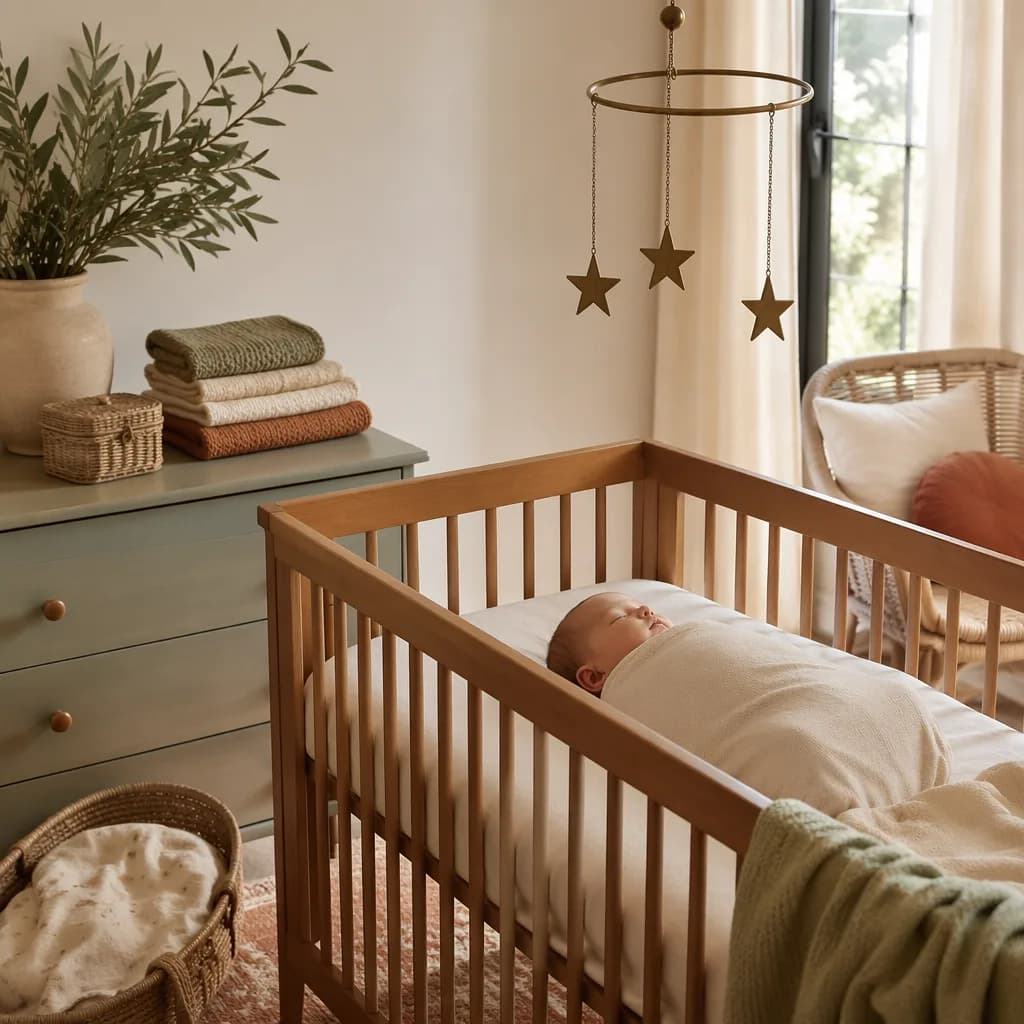 Sleeping baby in a soft Portuguese-inspired nursery with a star mobile and keepsake box.