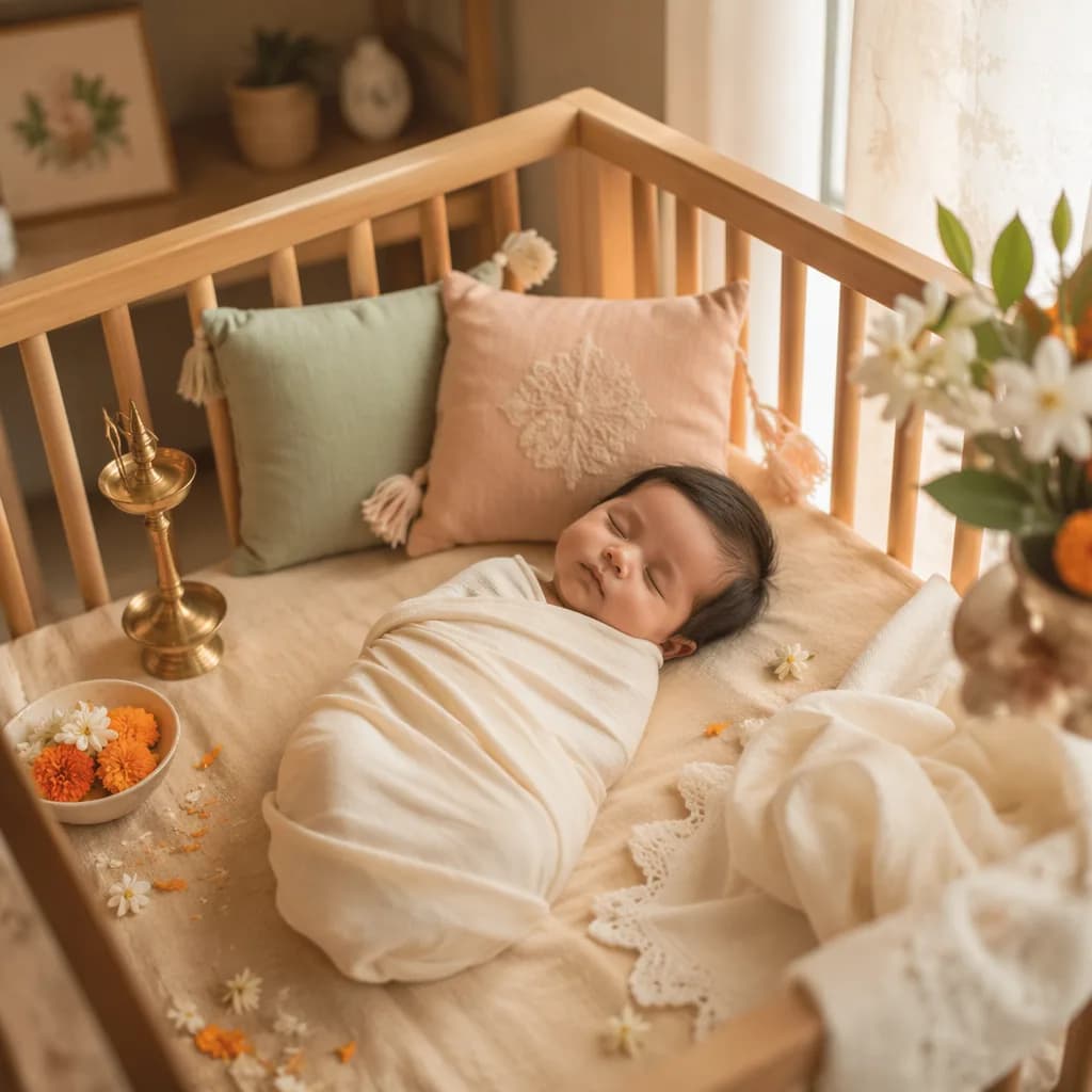 Soft pastel Indian-inspired nursery with a swaddled sleeping baby and gentle floral details.