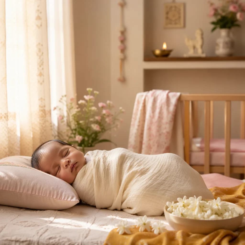 A peaceful newborn in a soft pastel nursery with gentle Indian-inspired accents and warm natural light.