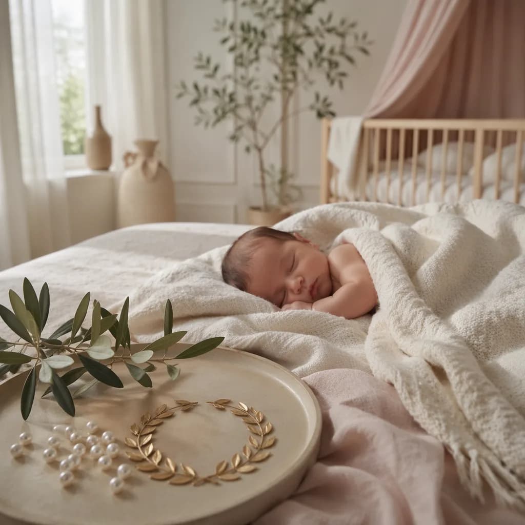Soft Italian nursery scene with a sleeping baby, delicate gems, olive branch, and laurel wreath.