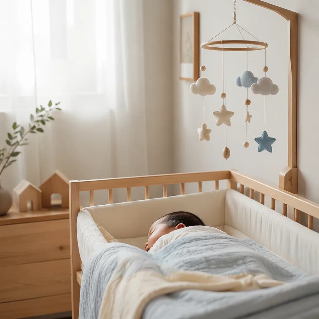 A peaceful Korean-inspired nursery scene with a swaddled newborn in soft pastel light.