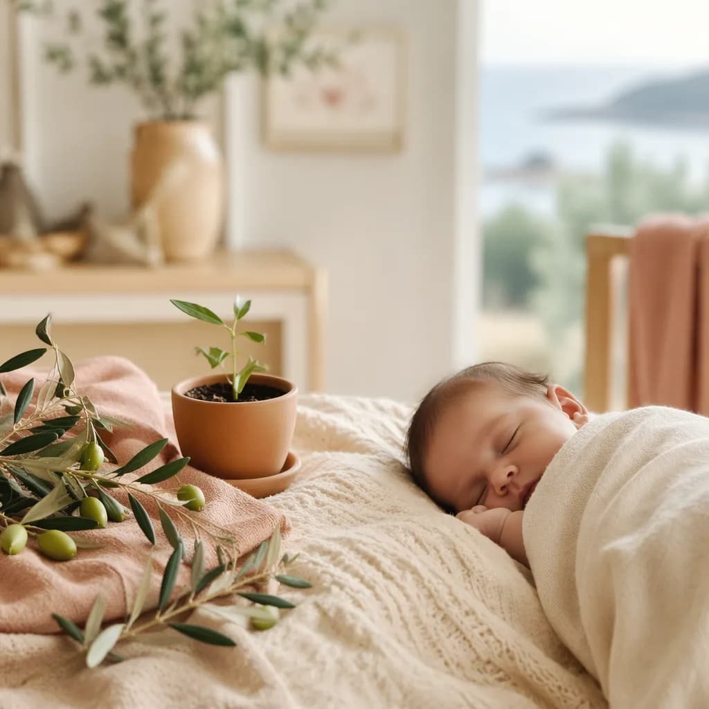 Soft nursery scene with a swaddled baby, olive branches, and seedlings inspired by the Greek name Georgia.