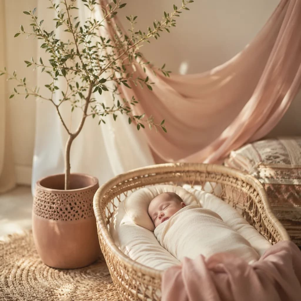 Sleeping swaddled baby in a soft pastel nursery with delicate greenery and warm natural light.