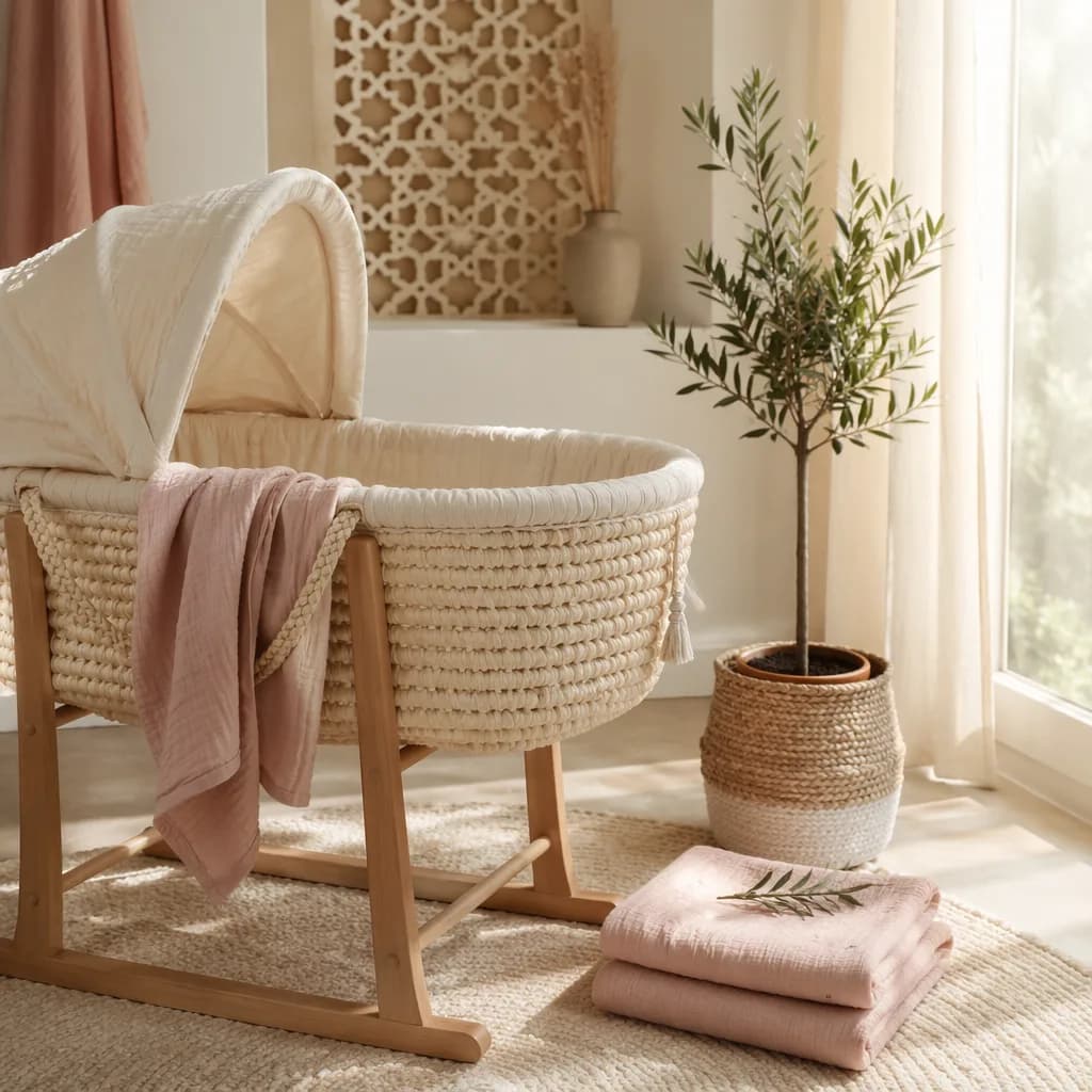 Soft pastel Arabic-inspired nursery with a bassinet and young sapling in warm natural light.