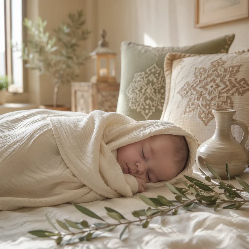 Sleeping baby in a soft Arabic-inspired nursery with gentle pastel decor and warm natural light.
