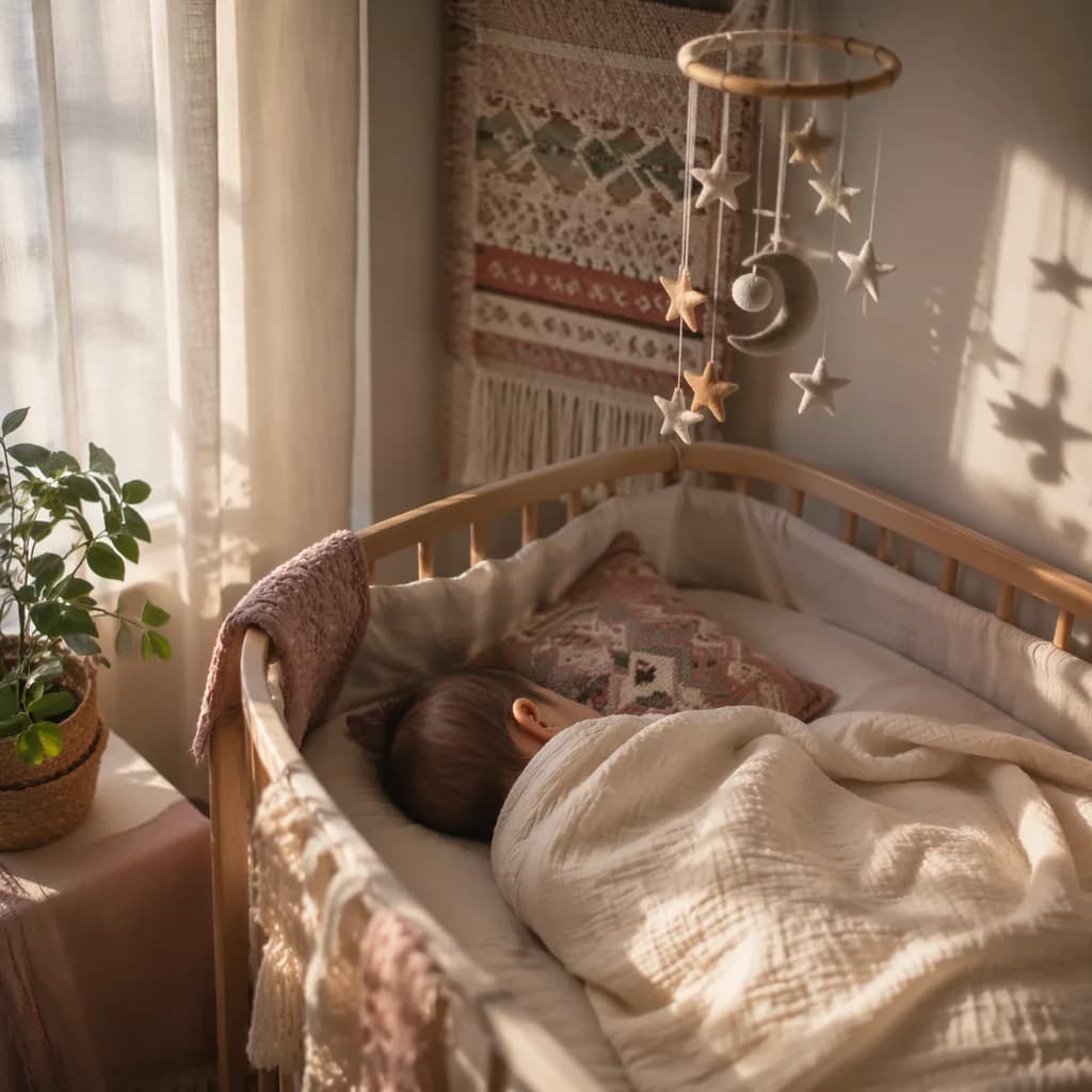 Soft pastel nursery scene with a swaddled baby and moon-and-star mobile, evoking the Turkish name Gizem.