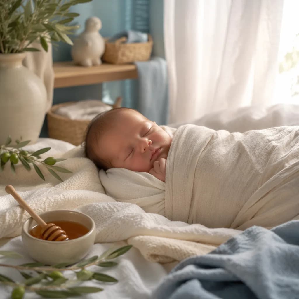 A peaceful Greek-inspired nursery with a swaddled sleeping baby, olive branches, and honey accents.