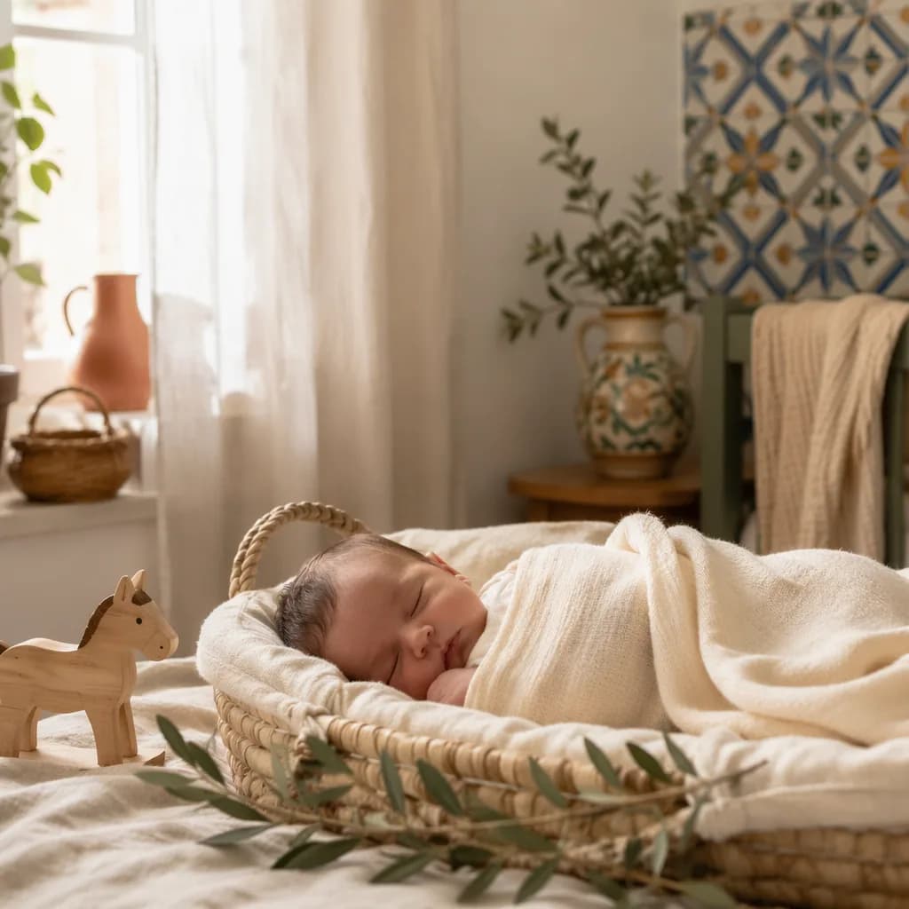 Sleeping newborn in a warm Portuguese-inspired pastel nursery with soft natural light.