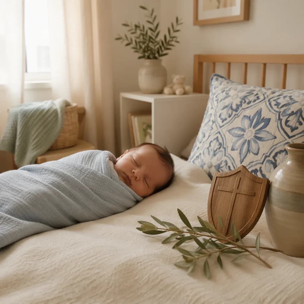 Sleeping baby in a soft Portuguese-inspired nursery with gentle strength symbols