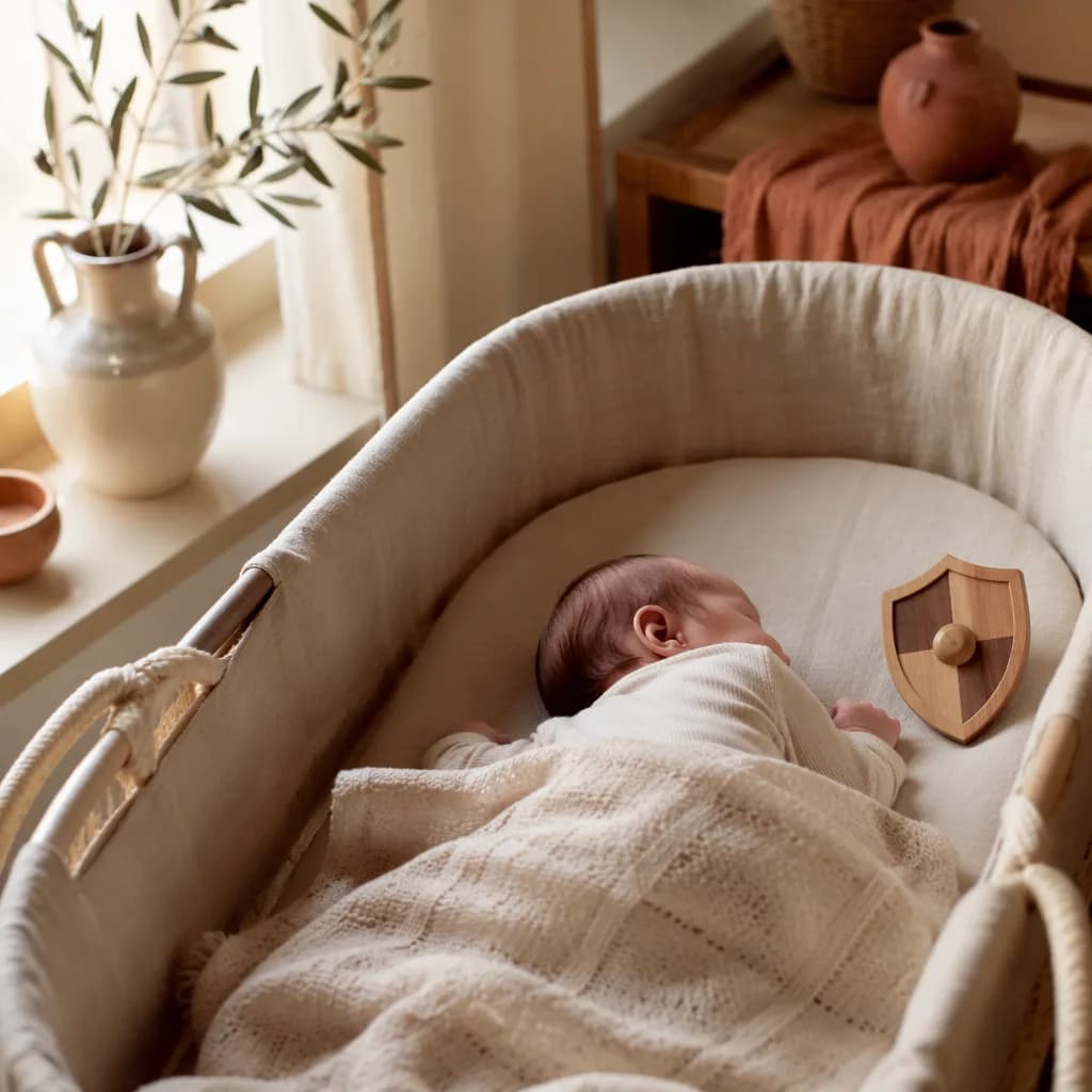Cozy Spanish-inspired nursery with a sleeping baby and gentle protector-themed wooden toy.