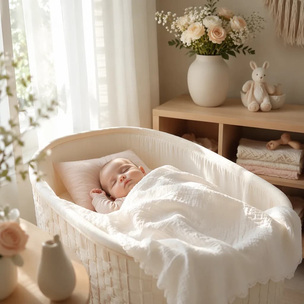 Serene pastel nursery with a sleeping baby in a cream bassinet, evoking grace and gentleness.