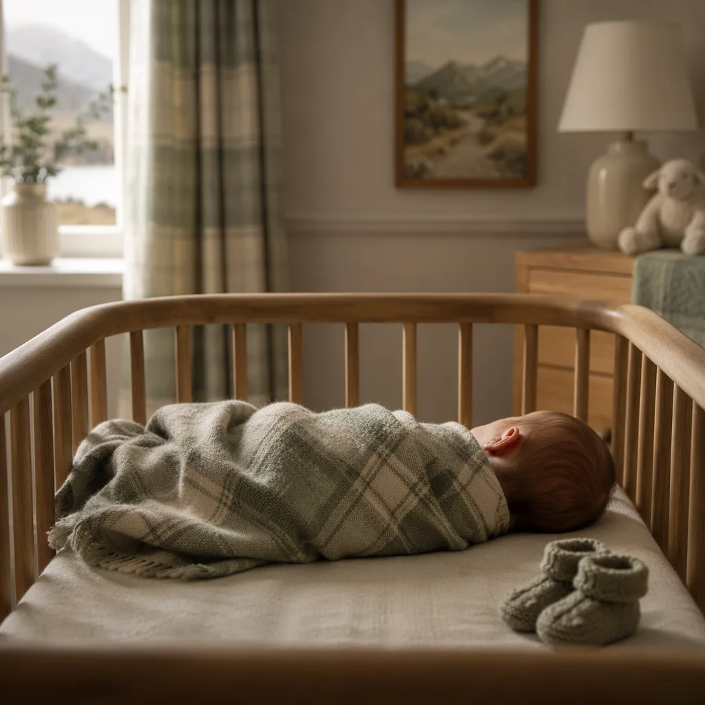 A cozy pastel nursery with a newborn wrapped in a soft tartan blanket, inspired by the Scottish name Greer.