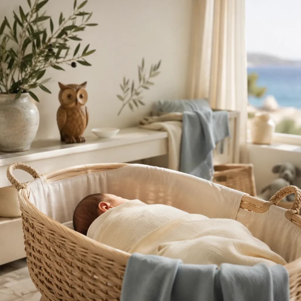 Peaceful Greek-inspired nursery with a swaddled sleeping baby, olive branches, and a small wooden owl.