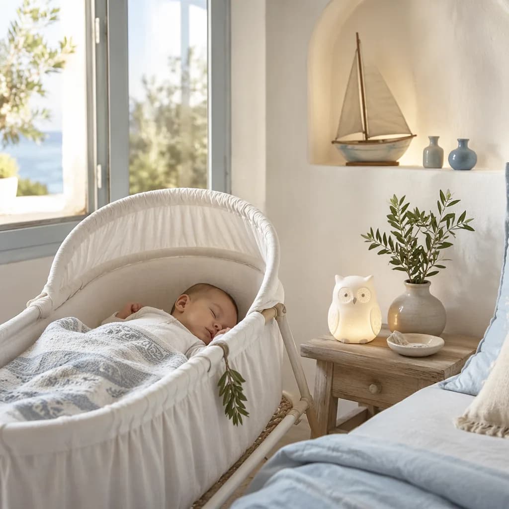 Sleeping baby in a soft Greek-inspired nursery with pastel decor and warm natural light.