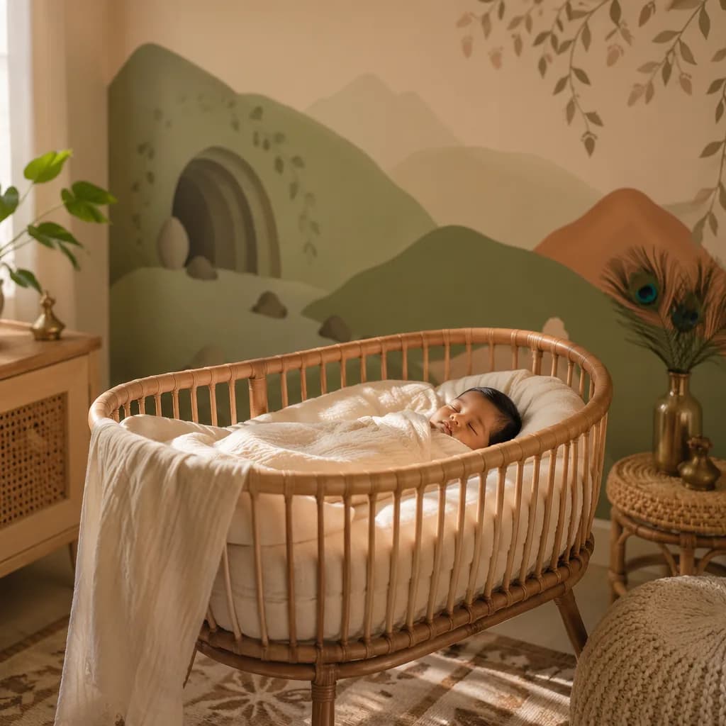 A peaceful Tamil-inspired nursery with a sleeping baby in soft pastel natural light.