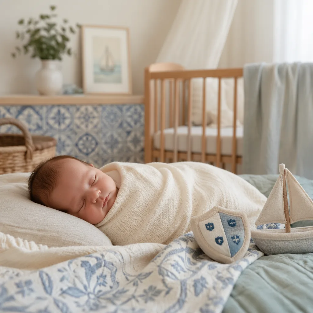Sleeping newborn in a soft Portuguese-inspired nursery with pastel accents.