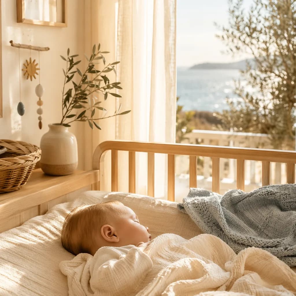 A serene sunlit nursery with a sleeping baby, soft blue accents, and olive branch details inspired by the Aegean.