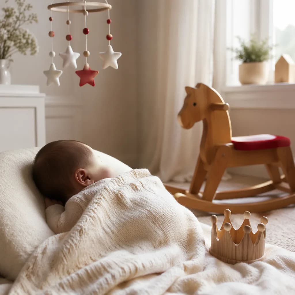 Cozy pastel nursery with a sleeping baby, wooden toys, and gentle Polish-inspired accents.