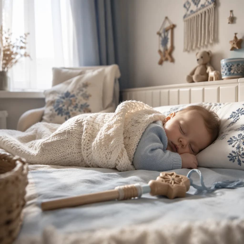 Cozy pastel nursery with a sleeping baby and wooden toy detail inspired by the name Gustaw.