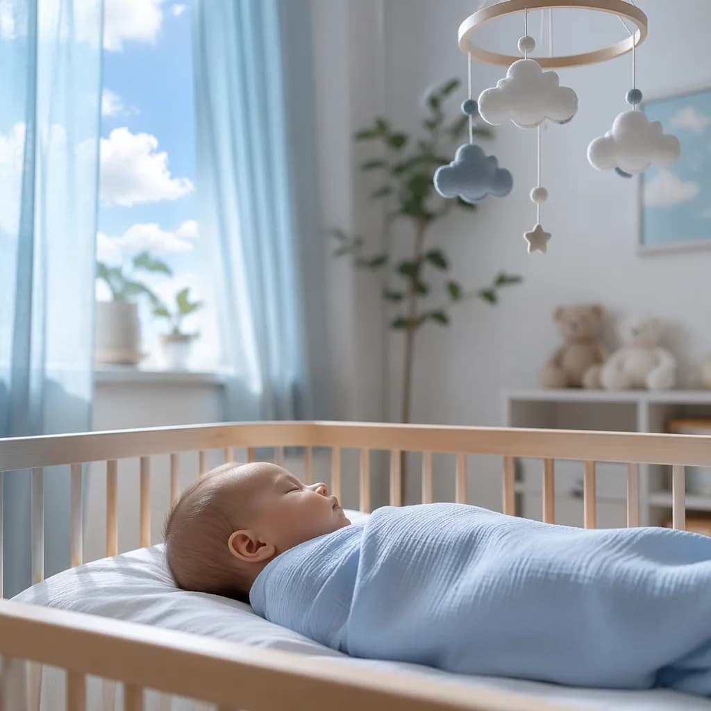 A serene pastel nursery with a sleeping baby, sky-blue accents, and a cloud mobile.
