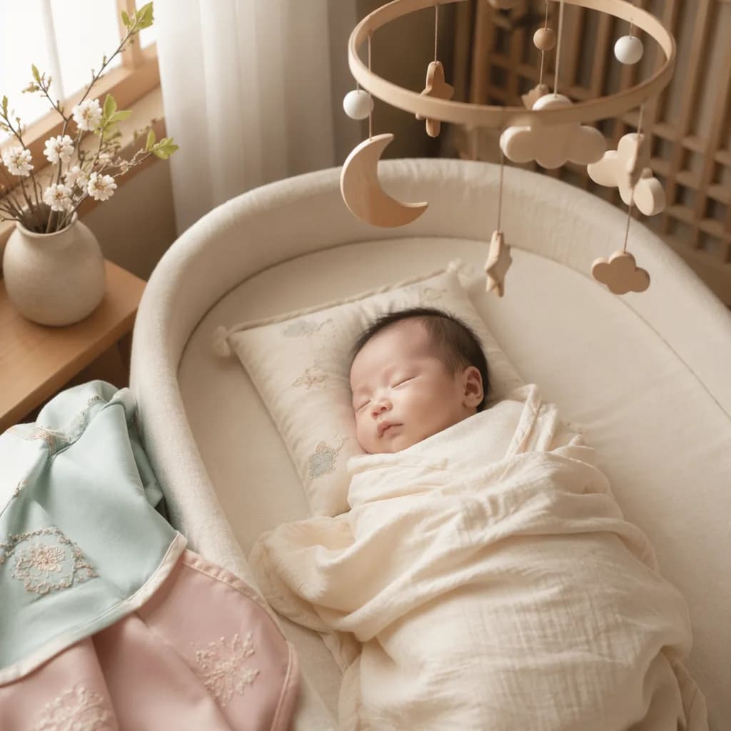 Soft Korean-inspired nursery scene with a swaddled sleeping baby and cloud mobile.