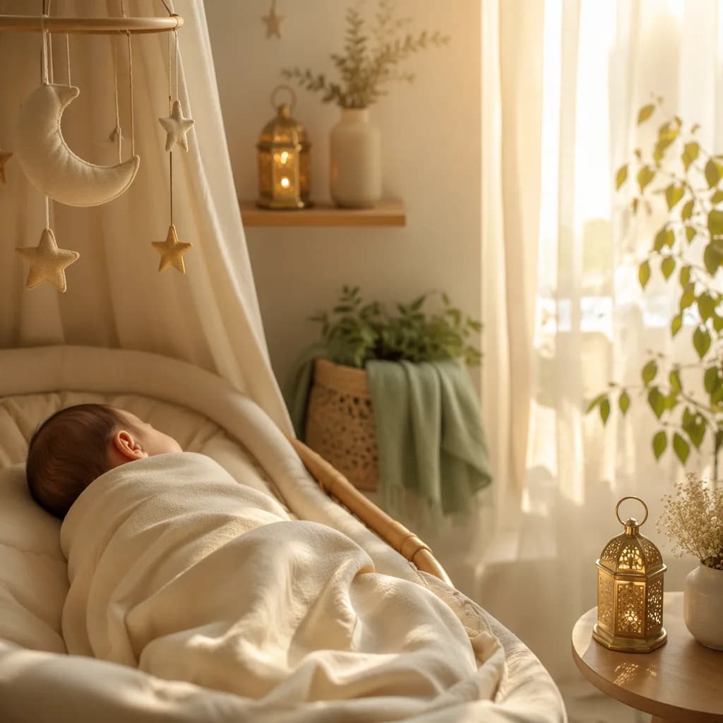 A softly lit cozy nursery with a swaddled baby, lantern, and crescent mobile.