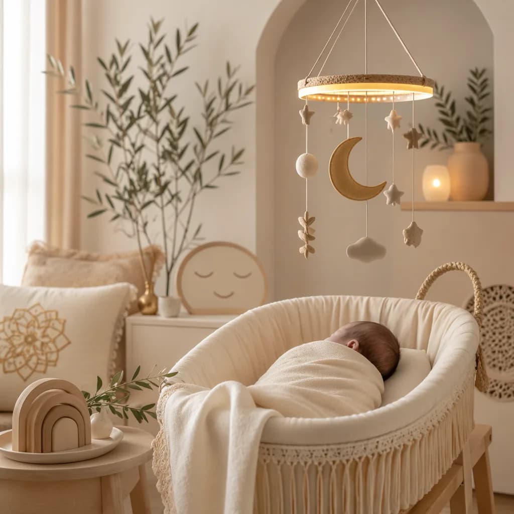 Soft pastel Arabic-inspired nursery with a swaddled baby, crescent moon mobile, and warm natural light.