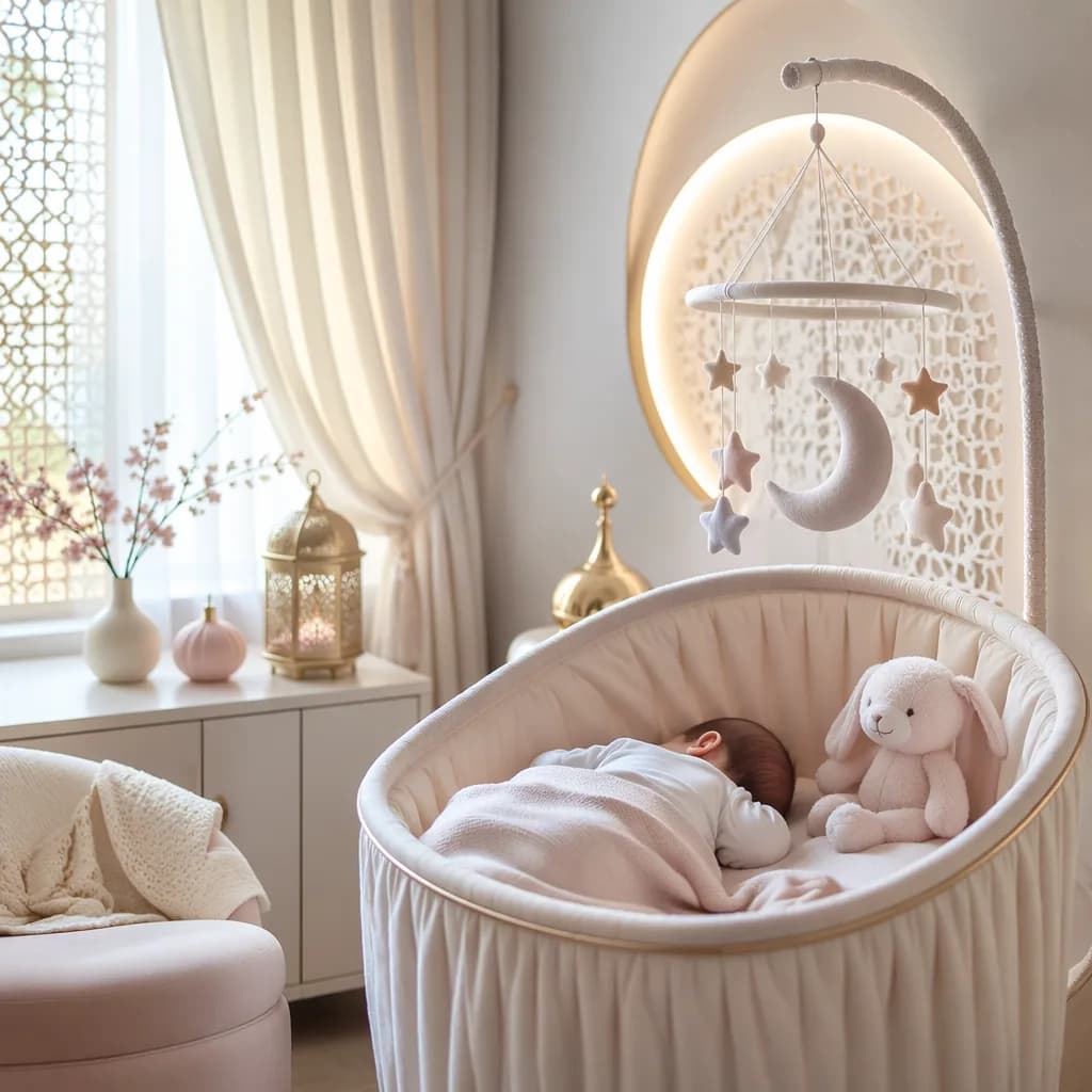 Soft pastel nursery with a sleeping baby, crescent mobile, and warm moonlit glow.