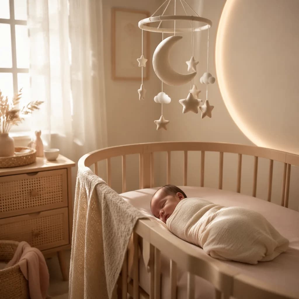 Soft pastel nursery with a swaddled newborn and crescent moon decor, evoking the name Hala.