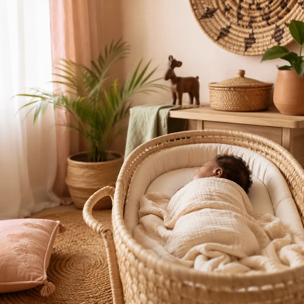 Sleeping baby in a warm pastel nursery with woven natural accents.