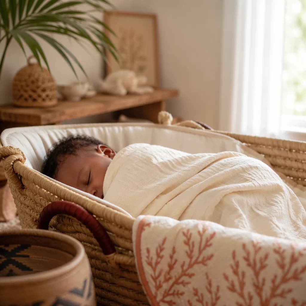 Sleeping swaddled baby in a soft pastel nursery with gentle coastal-inspired details.
