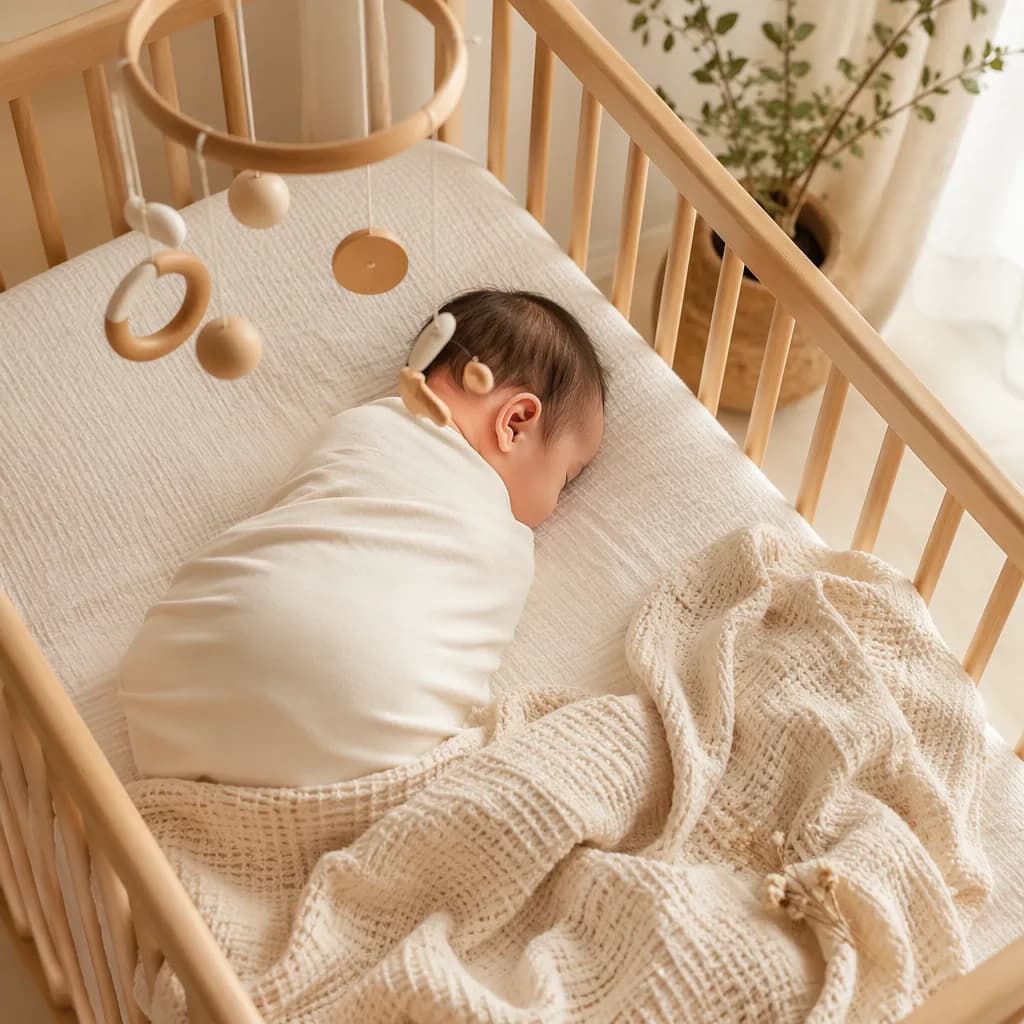 A peaceful swaddled baby in a soft pastel nursery with warm natural light.