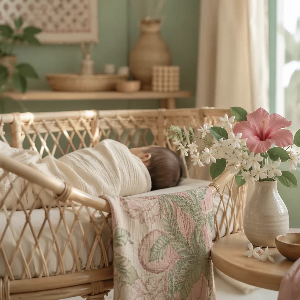 Soft pastel nursery with a swaddled Indonesian baby, rattan bassinet, batik blanket, and delicate flowers.